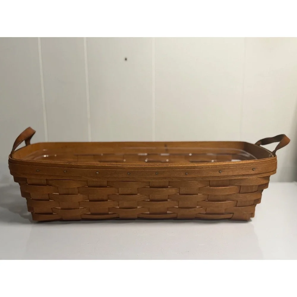 VTG Longaberger Basket Rectangle Brown Woven Leather Handles Plastic Liner‎ 1991